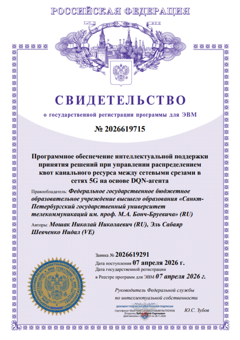 Программное обеспечение интеллектуальной поддержки принятия решений при управлении распределением квот канального ресурса между сетевыми срезами в сетях 5G на основе DQN-агента