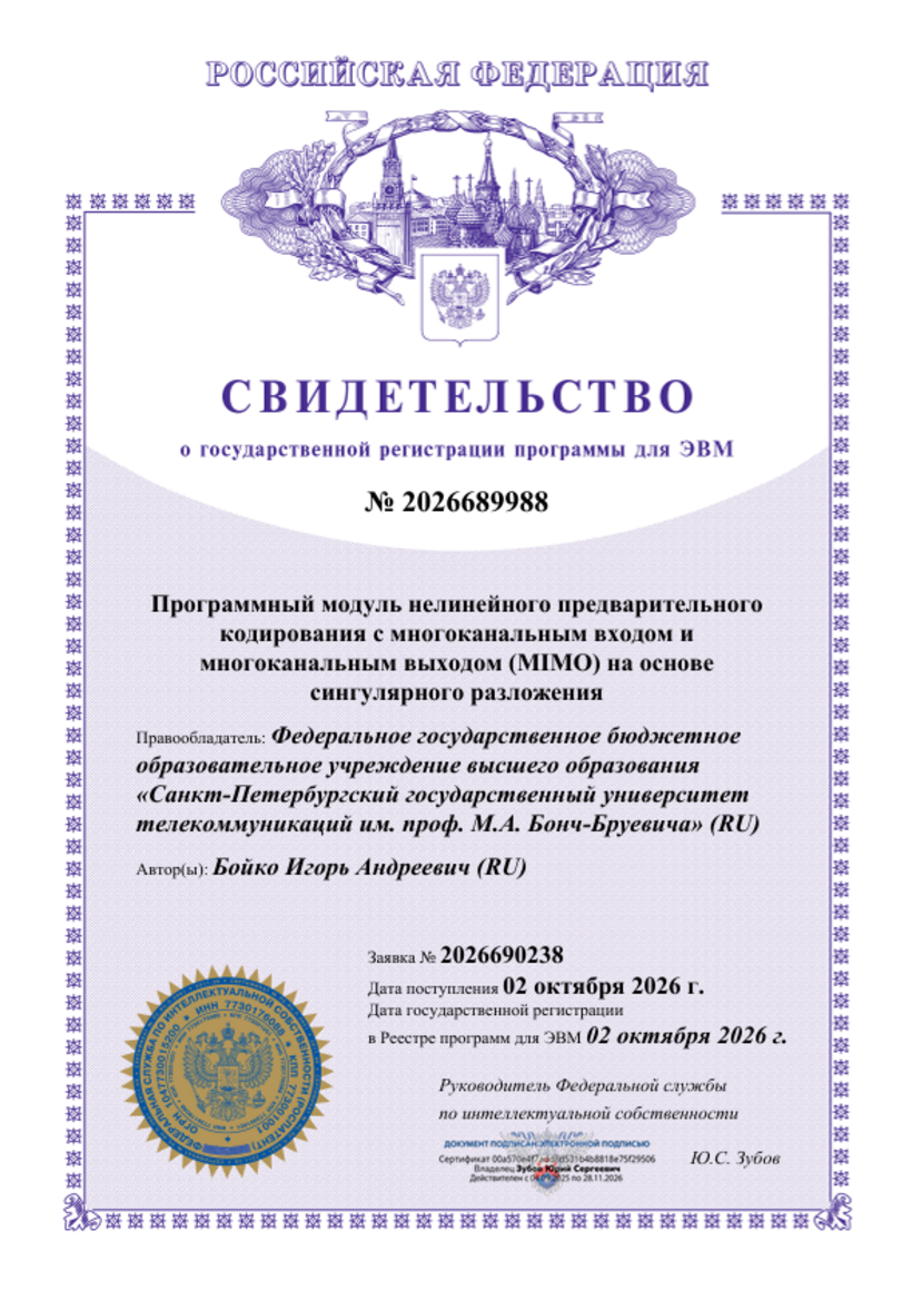 Программный модуль нелинейного предварительного кодирования с многоканальным входом и многоканальным выходом (MIMO) на основе сингулярного разложения